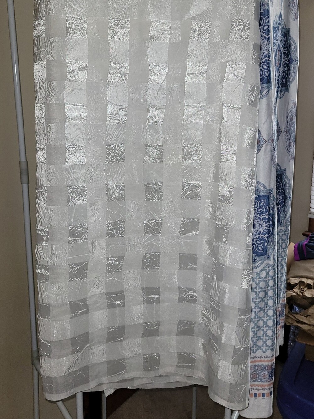 3 - Nice Cloth Shower Curtains. White Checks, Blue Madallions & Country Floral